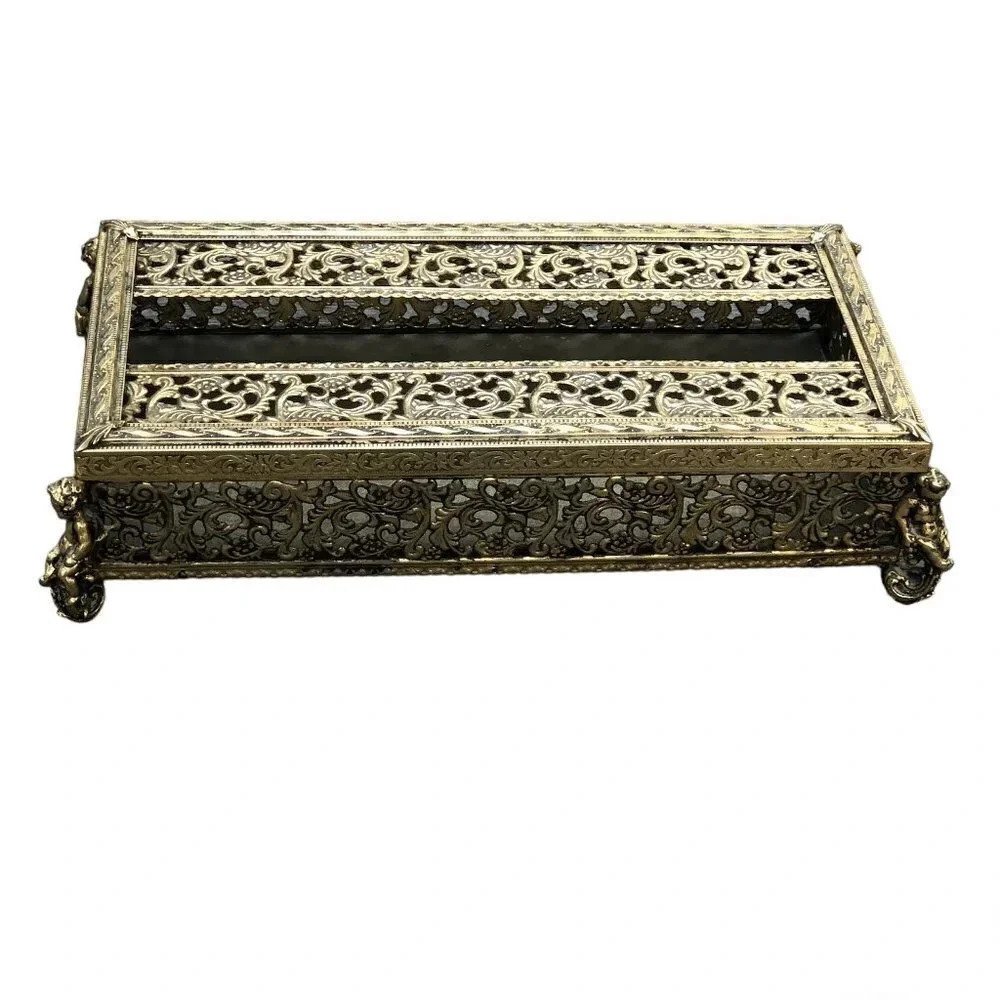 Hollywood Regency Gold Metal Cherub Filagree Tissue Holder